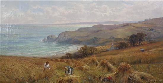 Alfred Augustus Glendening (1861-1907) Harvesters in a clifftop cornfield 15.5 x 29.5in.
